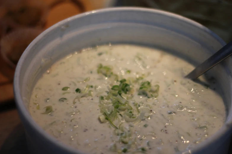 a spoon is in a bowl of cream sauce