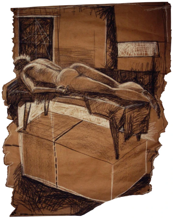 a pencil drawing of a person laying on a bed