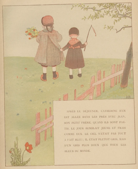 two children in their yard, holding hands and standing near a tree