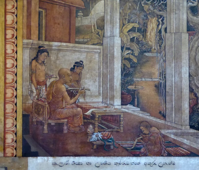 painting showing two people at the window with writing