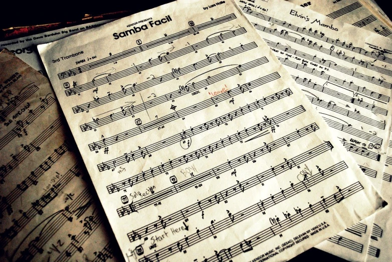 a bunch of sheet music is on the table