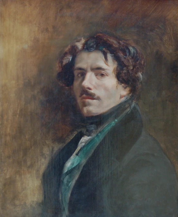 a painting of a man with curly hair wearing a green suit