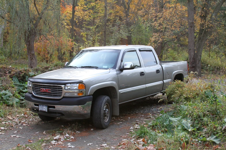 there is a truck parked by some trees