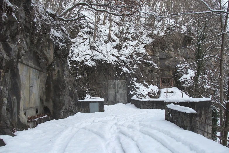 a snowy driveway leading to an outside gate