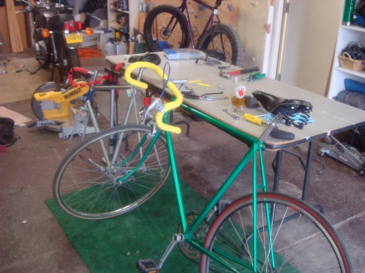 a desk with bicycles on top of it