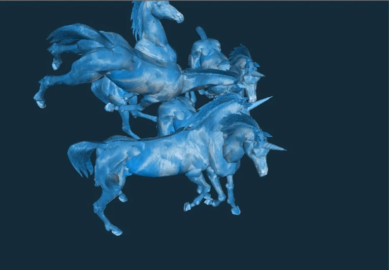 this is a blue painting of some horse statues