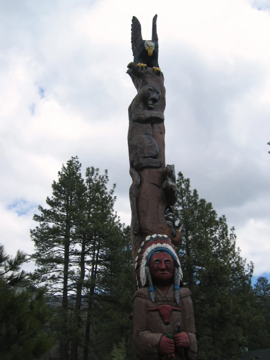 native american indian sculpture in front of pine trees