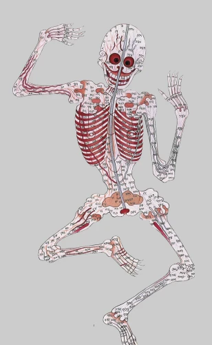a skeleton is running with both hands extended to its chest