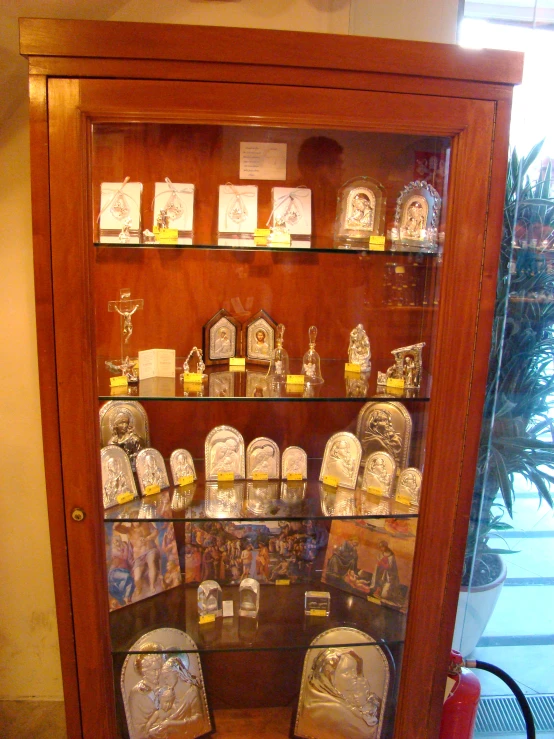 an assortment of items is in a display case