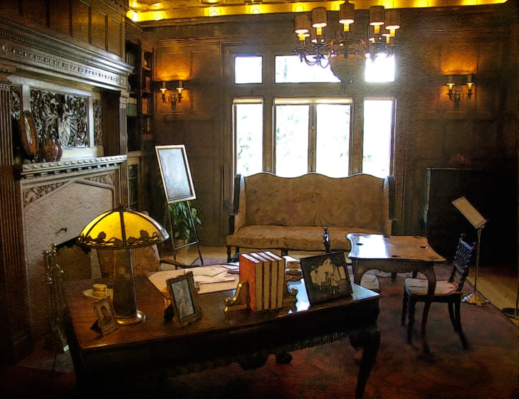 a table sits on a hardwood floor in front of an old fireplace