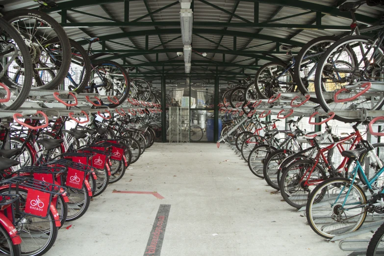 there are many bikes parked in the garage together