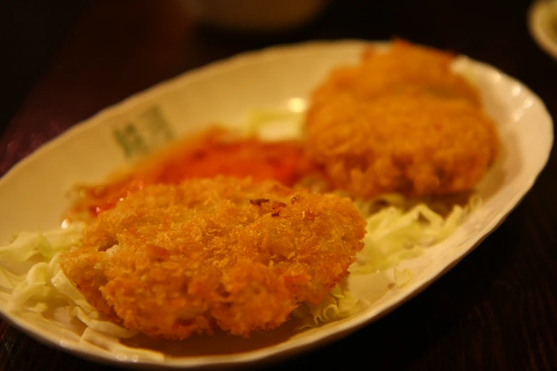 a white plate filled with two pieces of fried food