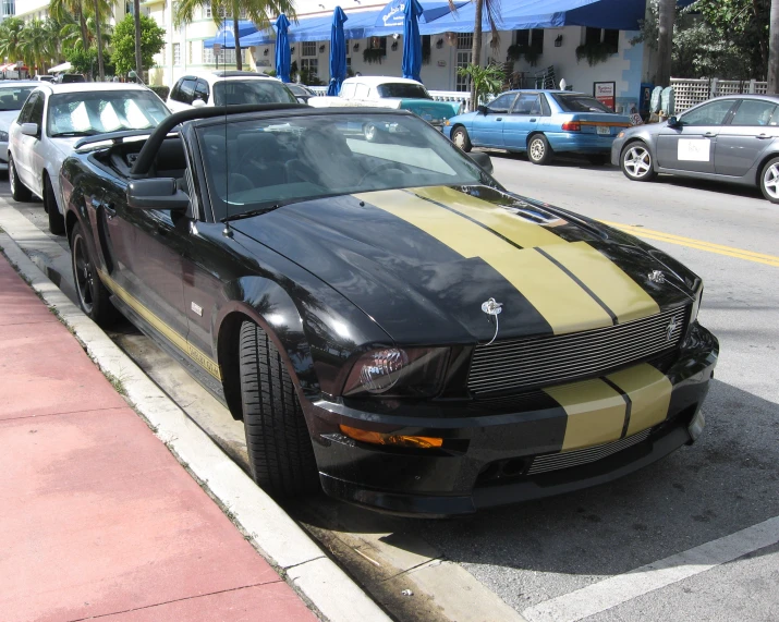 the mustang sits parked along the curb near the road