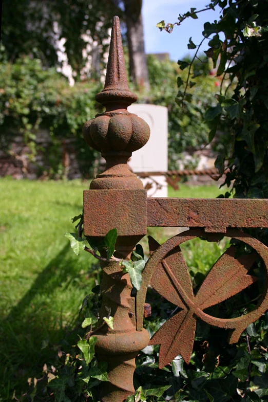 a garden gate surrounded by green grass and shrubbery