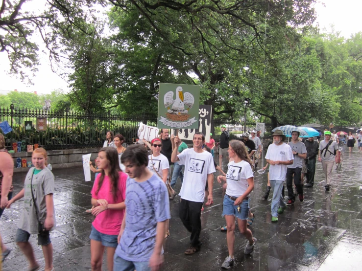 several people walk on a street holding protest signs