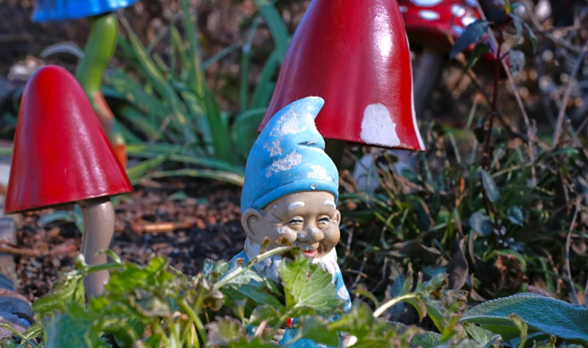 two small gnomes sitting in the grass with red and blue lamps