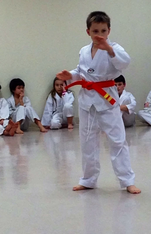 young s sitting in a room watching and observing an instructor showing them how to do the karate