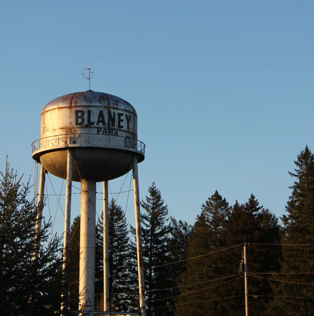 a rusty water tower stands above some trees