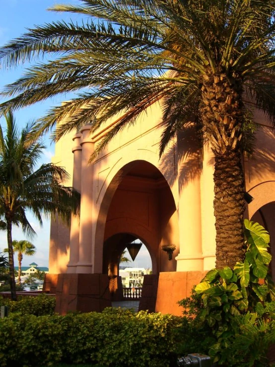 an arch is in between two palm trees