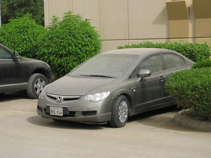 a car covered in snow parked next to shrubs