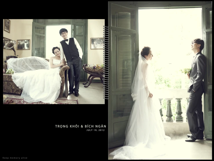 a couple posing in front of a window during their wedding ceremony