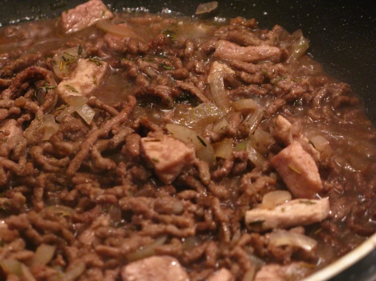 meat and onions are fry in a large pan