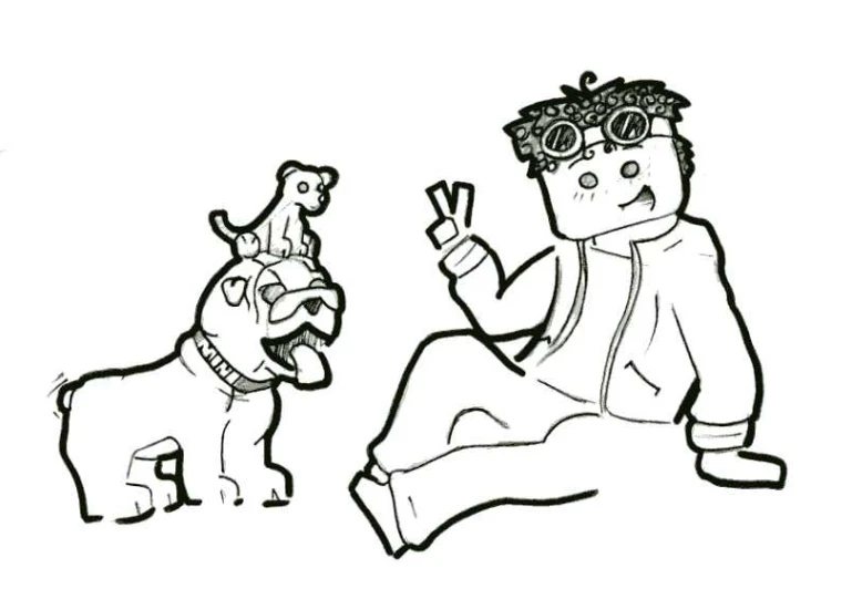 a boy is sitting down while playing with a dog
