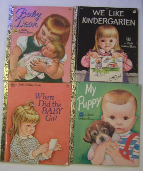 four vintage children's books on the shelf