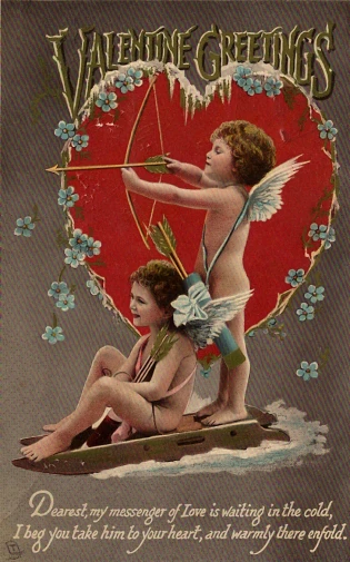 vintage valentines greeting card showing two cupids