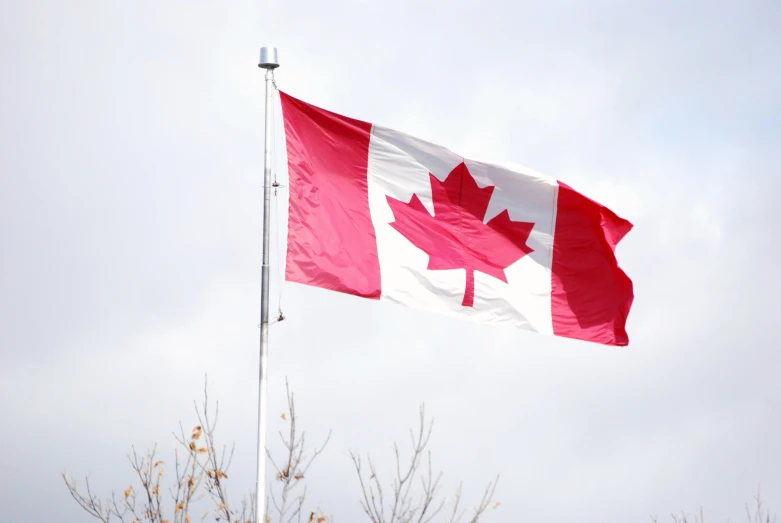 a canadian flag with the british flag in the foreground