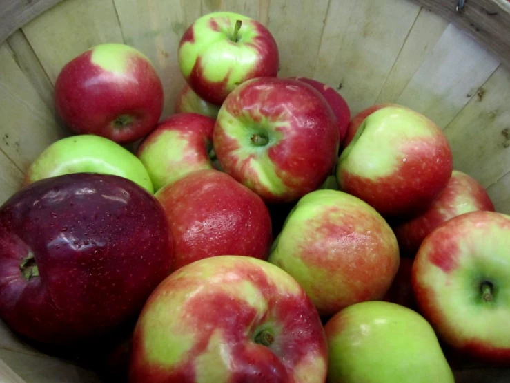 a group of red and green apples in a brown container