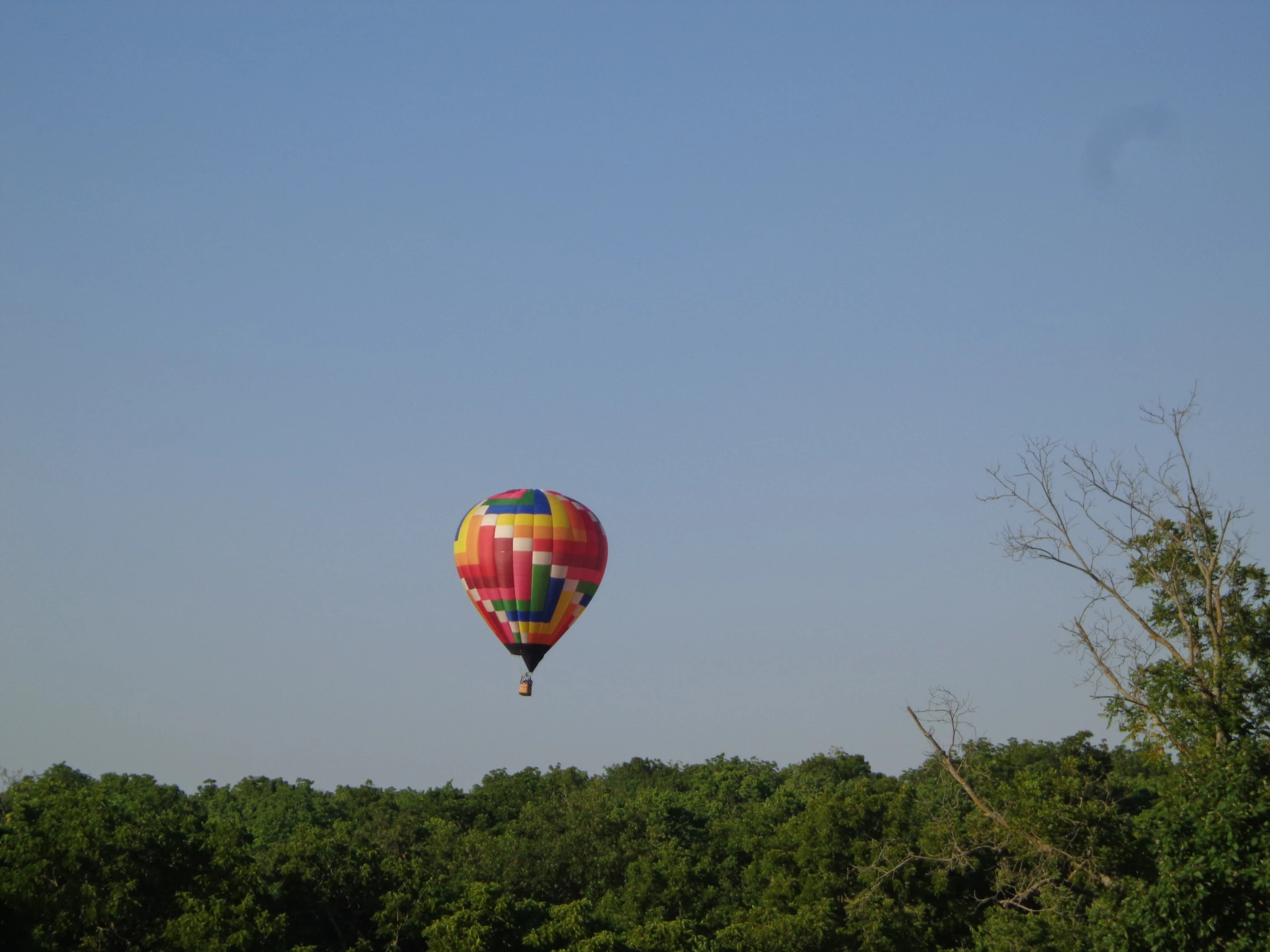 a large balloon is flying in the sky above some trees