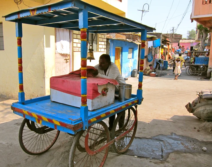 an image of man standing by a colorful cart