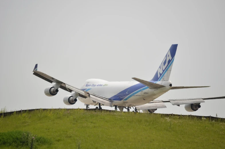 a white and blue airplane landing at the top of a hill