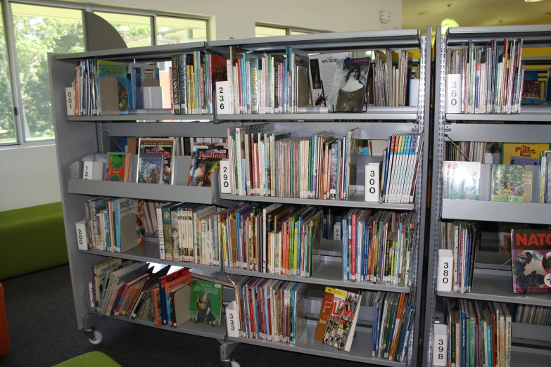 there are many shelves in the room and some children's books