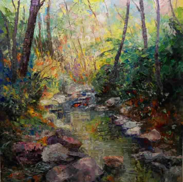 oil painting of a river running through a forest