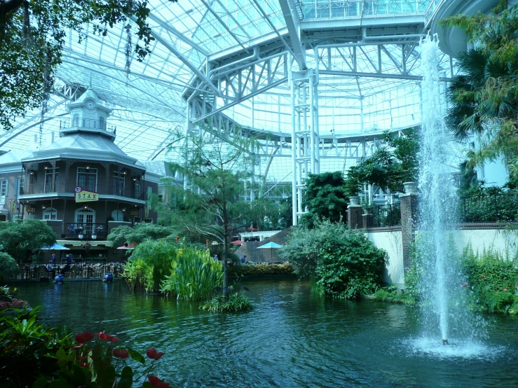 a large garden pond surrounded by a building