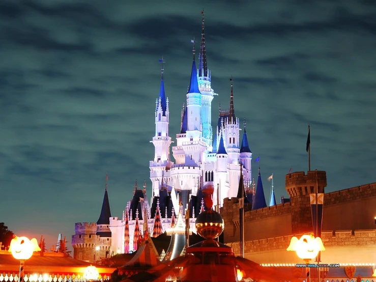 a view of a castle in a theme park