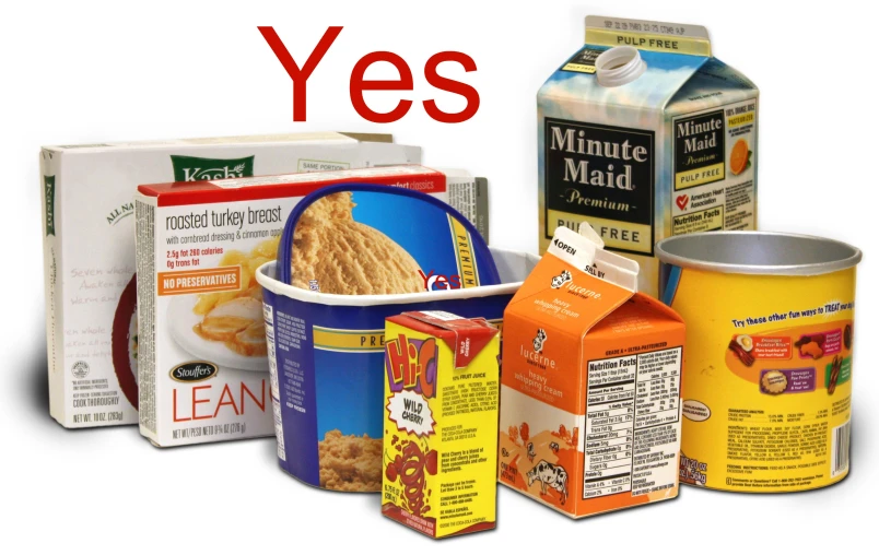 a set of food items with the words yes written below