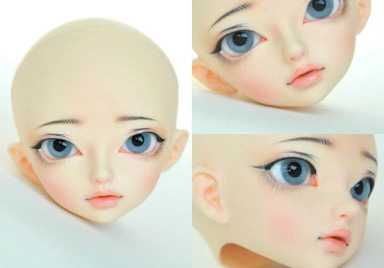 three different views of an doll's face, blue eyes and an orange head