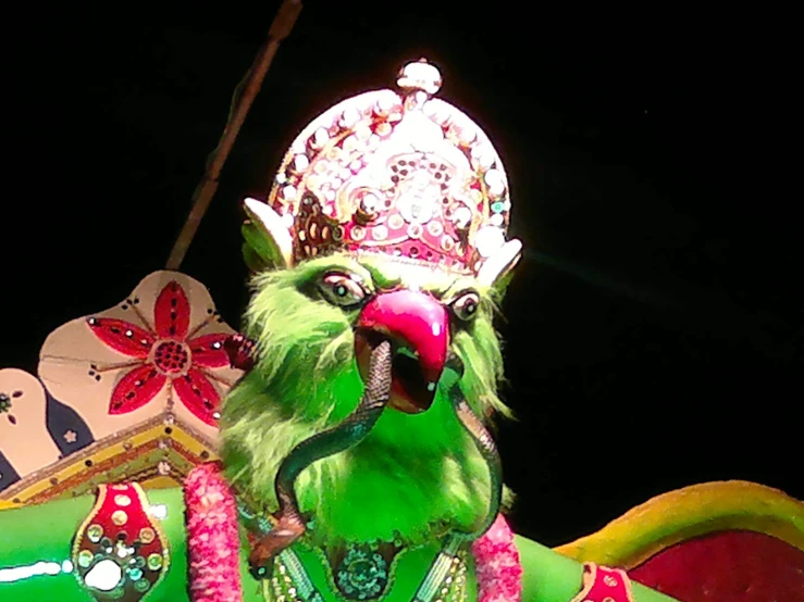 a green bird in a costume next to some decorated items