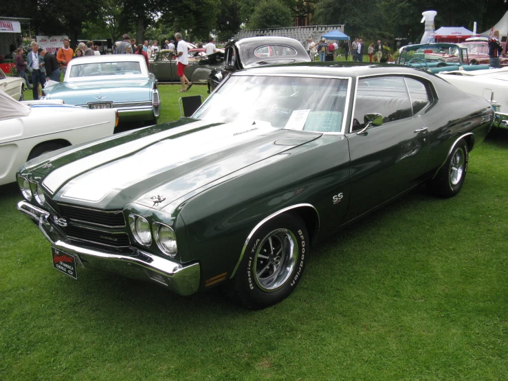 old american muscle car sitting on the grass