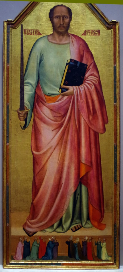 a painted icon depicting a man with a sword