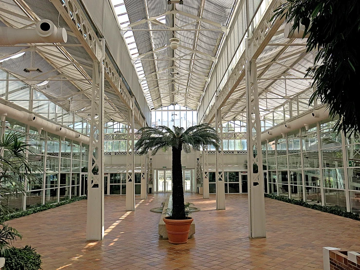 an open air building with some trees in it