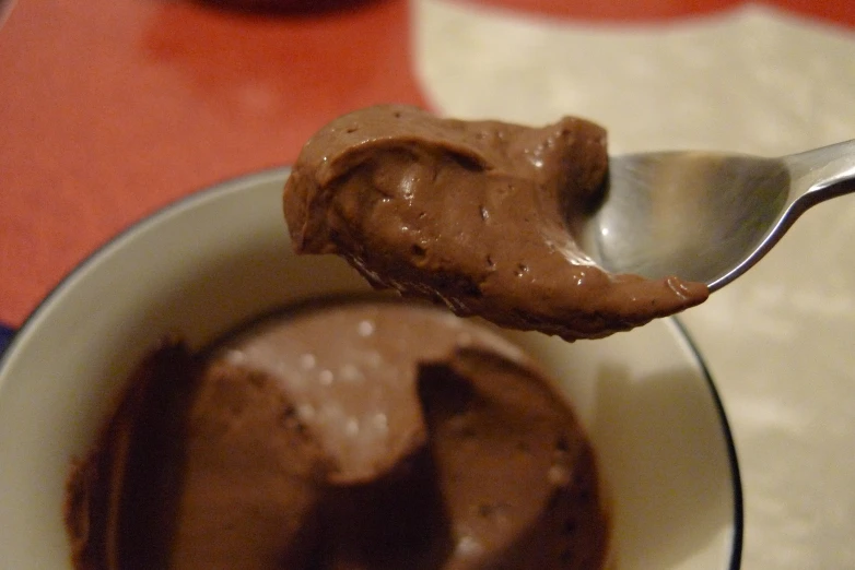 a spoon full of chocolate is in a bowl