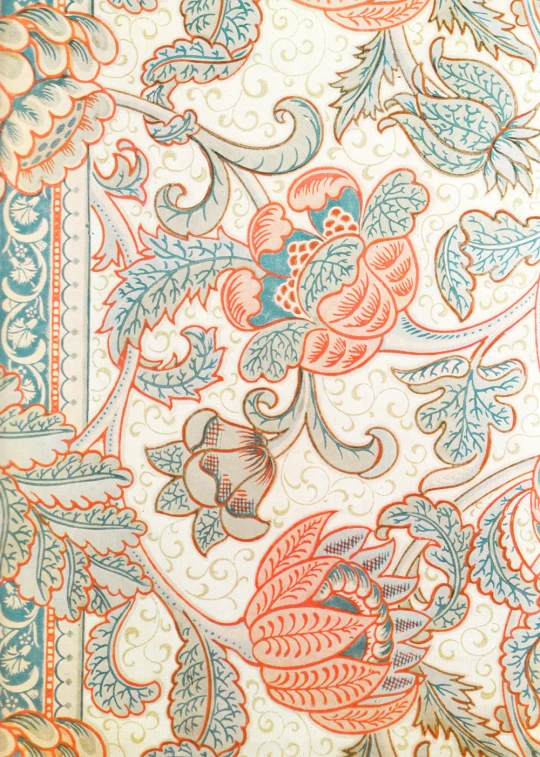 an ornate floral pattern with blue, orange, and red colors