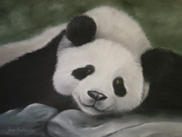 a painting of a panda bear sitting on top of a blanket