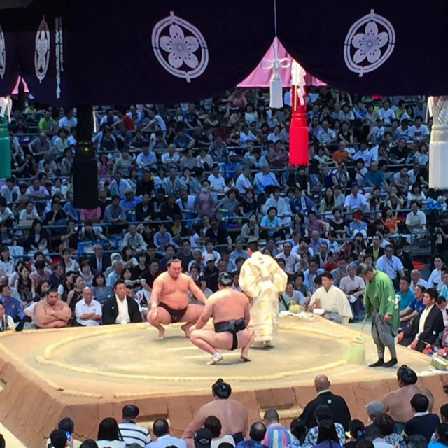 a sumo wrestler in a ring with spectators