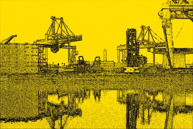 a black and white po of harbor cranes