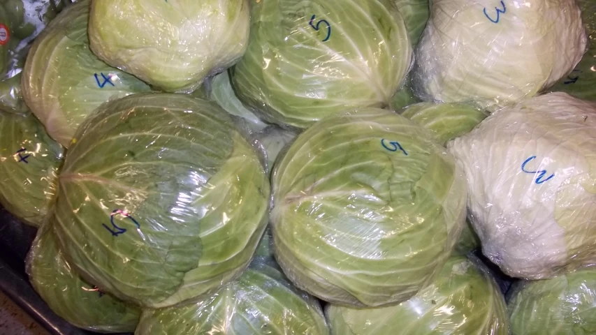 close up of cabbage with numbers on them